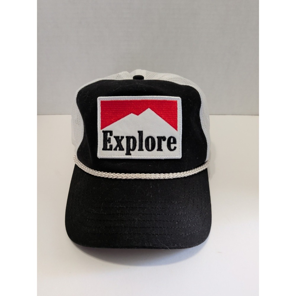 Explore Mountains Trucker Hat Snapback Rope Cap Black White NWOT Snapback